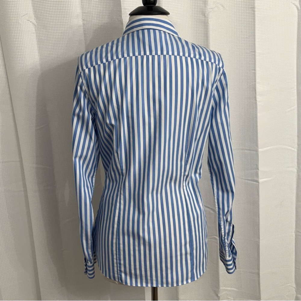 Lands End Women's Striped No Iron Cotton Button Front Blouse Blue/White Size 12T - Picture 6 of 6